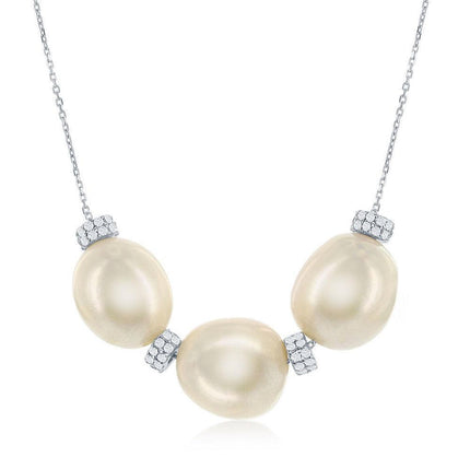 Sterling Silver Three Fresh Water Pearl and CZ Necklace ,