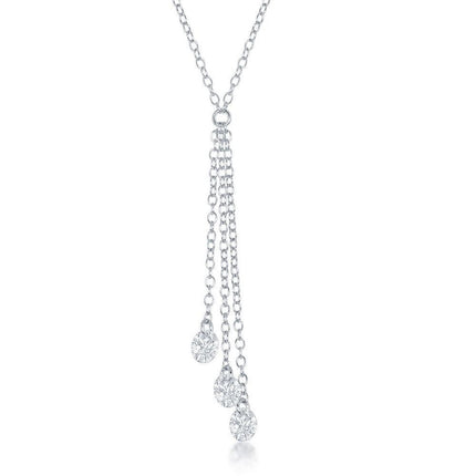 Sterling Silver Three Single Hanging Cubic Zirconia's Necklace ,