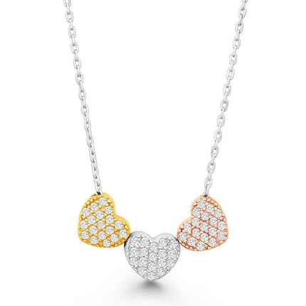 Sterling Silver Three Tri Color CZ Hearts Necklace ,