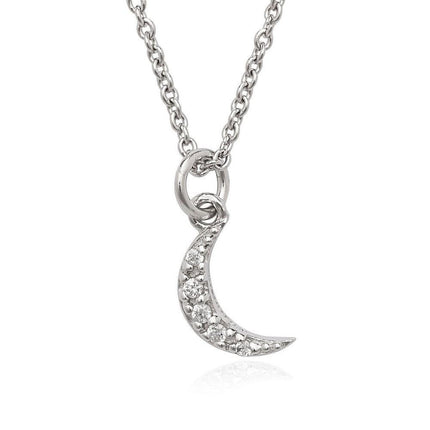 Sterling Silver Tiny CZ Crescent Pendant Necklace ,