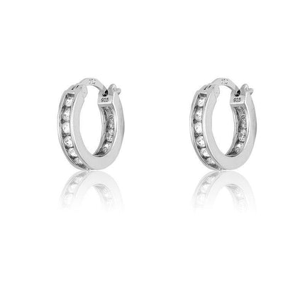 Sterling Silver Tiny Inside-Outside Channel Set CZ Hoop Earrings ,
