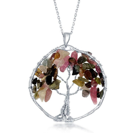 Sterling Silver Tourmaline Beads Tree of Life Pendant ,