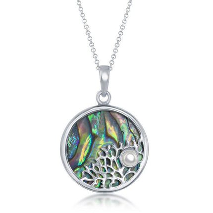 Sterling Silver Tree Branch with Small Pearl Round Pendant - Abalone ,