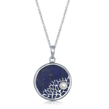 Sterling Silver Tree Branch with Small Pearl Round Pendant - Lapis ,