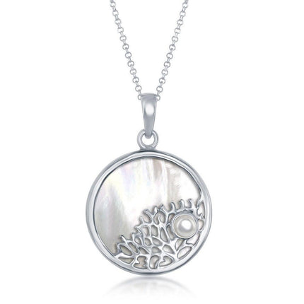 Sterling Silver Tree Branch with Small Pearl Round Pendant - MOP ,
