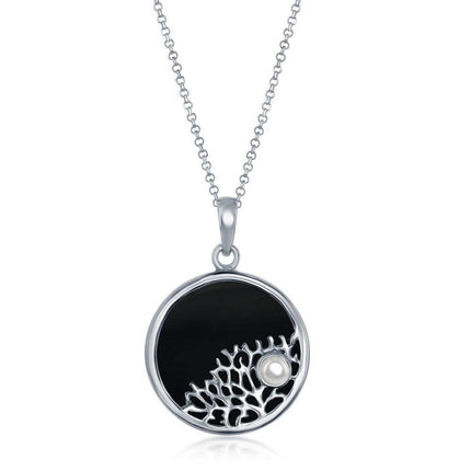 Sterling Silver Tree Branch with Small Pearl Round Pendant - Onyx ,