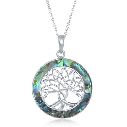Sterling Silver Tree of Life Round Pendant With Chain - Abalone ,