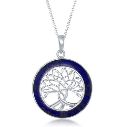Sterling Silver Tree of Life Round Pendant With Chain - Lapis ,