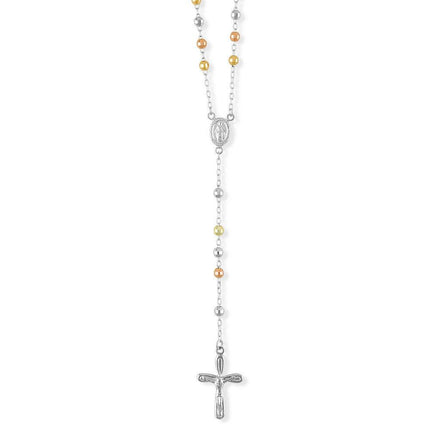 Sterling Silver Tri Color Beaded Rosary Necklace ,