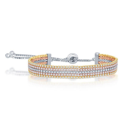 Sterling Silver Tri-Color Five Strand Tennis Adjustable Bracelet ,