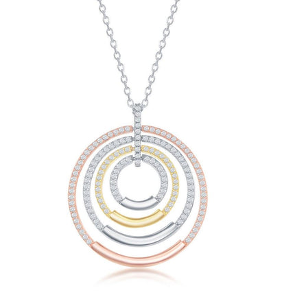 Sterling Silver Tri Color Multi-Circle CZ Necklace ,
