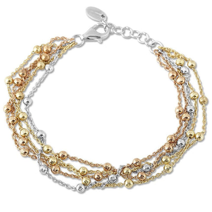 Sterling Silver Tri Color Multi Strand Round Beaded Bracelet, 7" ,