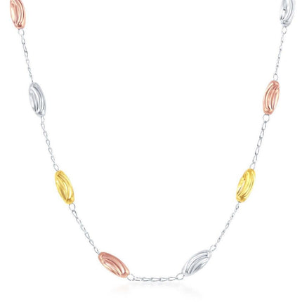 Sterling Silver Tri Color Oval Bead Necklace ,