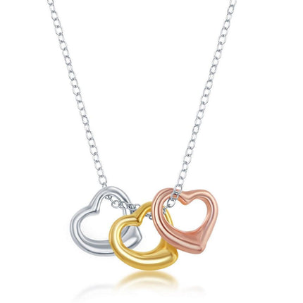 Sterling Silver Tri-Color Puffed Hearts Necklace ,