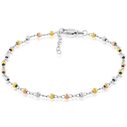 Sterling Silver Tri Color Thin Diamond Cut Anklet ,