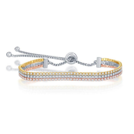 Sterling Silver Tri-Color Three Strand Tennis Adjustable Bracelet ,