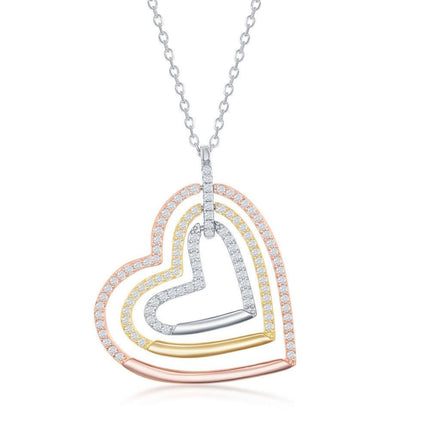 Sterling Silver Tri Color Triple Open CZ Heart Necklace ,