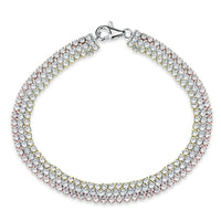 Sterling Silver Tri Color Triple Row CZ Tennis Bracelet, 7" ,