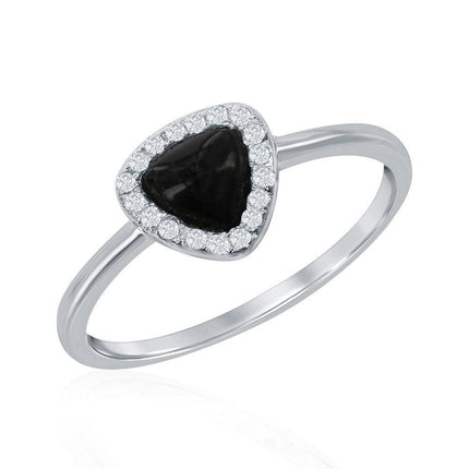 Sterling Silver Triangle Onyx with CZ Border Ring, Size 8 ,