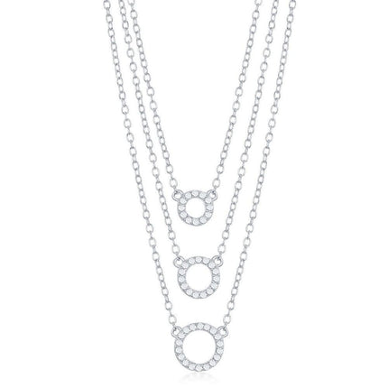 Sterling Silver Triple Chain Small Open CZ Circles Necklace ,