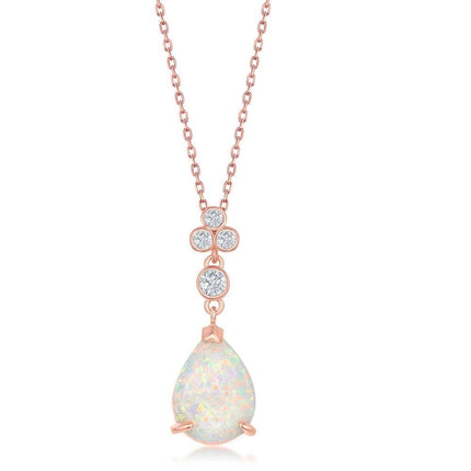 Sterling Silver Triple CZ Cluster Pear-Shaped White Inlay Opal Pendant - Rose Gold Plated ,