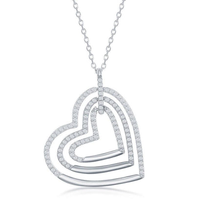 Sterling Silver Triple Open Cubic Zirconia Heart Necklace ,
