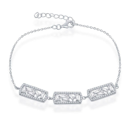Sterling Silver Triple Rectangle with Baguettes and CZ Bracelet ,