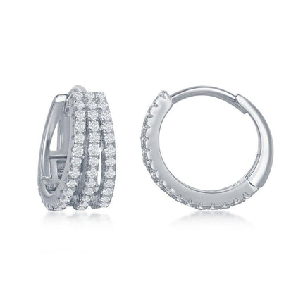 Sterling Silver Triple Row CZ Small Hoop Earrings ,