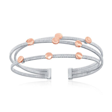 Sterling Silver Triple Wire Designer Bangle with Rose GP Beads ,