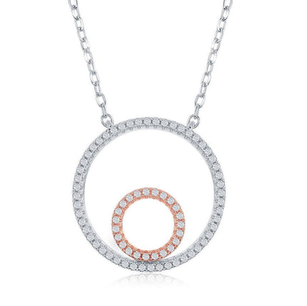 Sterling Silver TT Double Open Circle with CZ Border Necklace ,