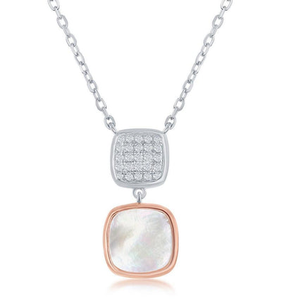 Sterling Silver TT Micro Pave and MOP Double Square Necklace ,