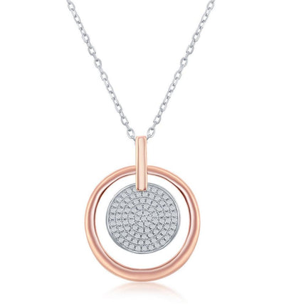 Sterling Silver TT Micro Pave Disc Rose GP Circle Necklace ,