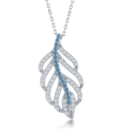 Sterling Silver Turquoise and CZ Open Leaf Design Necklace ,