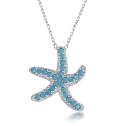 Sterling Silver Turquoise Cubic Zirconia Starfish Necklace ,
