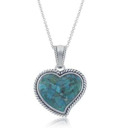 Sterling Silver Turquoise Heart Oxidized Rope Design Border Pendant With Chain ,