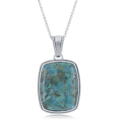 Sterling Silver Turquoise Oxidized Rope Design Border Rectangle Pendant With Chain ,