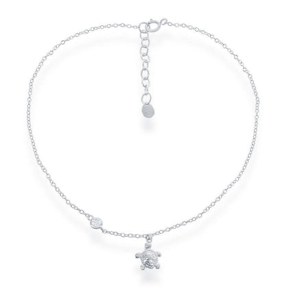 Sterling Silver Turtle Charm with Single CZ Anklet ,