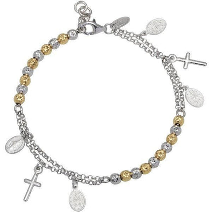 Sterling Silver Two Tone Beads with Cross and Medal Charm Bracelet ,