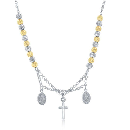 Sterling Silver Two Tone Cross and Medal Necklace ,