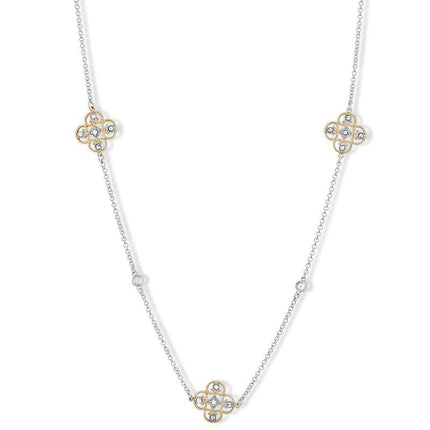 Sterling Silver Two Tone CZ Flowers Necklace ,