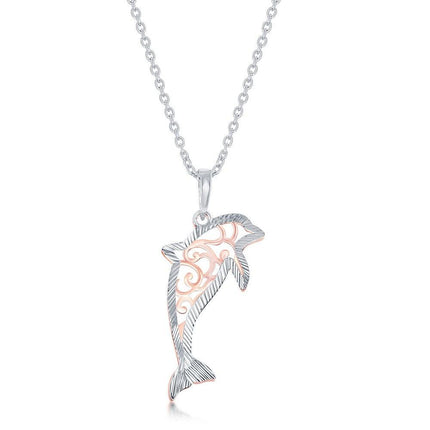 Sterling Silver Two Tone Dolphin Necklace ,