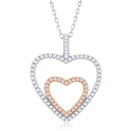 Sterling Silver Two-Tone Double Heart CZ Necklace ,