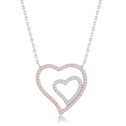 Sterling Silver Two-Tone Double Heart Necklace ,