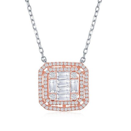 Sterling Silver Two Tone Double Square Baguette CZ Necklace ,