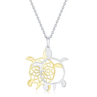 Sterling Silver Two-Tone Fancy Diamond-Cut Design Sea Turtle Necklace ,