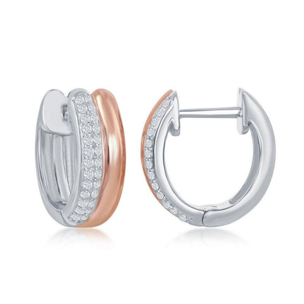 Sterling Silver Two-Tone Micro Pave Double Hoop Earrings ,
