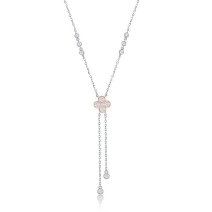 Sterling Silver Two-Tone Rose Gold Plated CZ Flower with Bezel-Set CZ Lariat Necklace ,