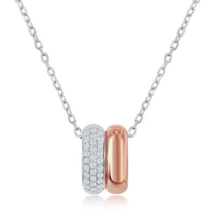 Sterling Silver Two Tone Rose GP Micro Pave Double Oval Necklace ,