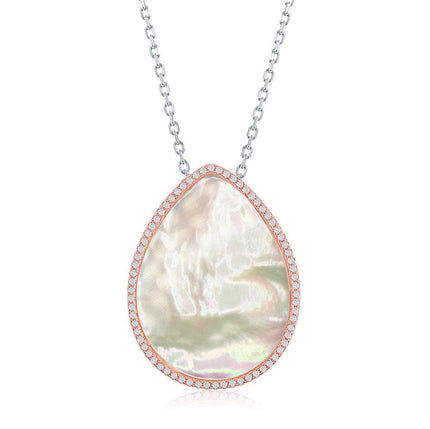 Sterling Silver Two-Tone Teardrop MOP with CZ Border Necklace ,