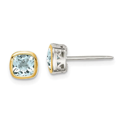 Sterling Silver w/ 14K Accent Aquamarine Square Stud Earrings ,